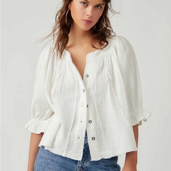 Free People Tops - Free People White Textured Button-Up Blouse